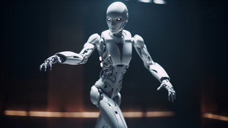 3d rendering humanoid robot in dark room with lights on background.の素材