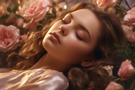 Beautiful young woman with closed eyes lying among roses. Beauty, fashion.の素材
