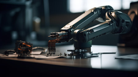 Industrial robot arm working on assembly line in factory. 3D renderingの素材