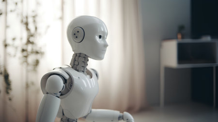 3d rendering humanoid robot sitting in living room at home with copy spaceの素材