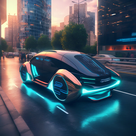 3D rendering of a brand-less generic concept car in the cityの素材