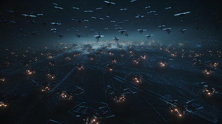 3D illustration of futuristic city with flying robots and cyborgsの素材