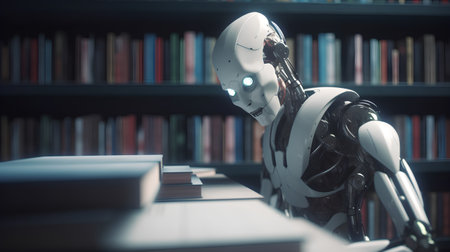 Robot in library. Artificial intelligence concept. 3D Renderingの素材