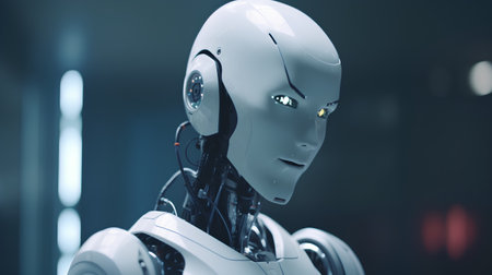 3d rendering humanoid robot or cyborg with empty space for textの素材