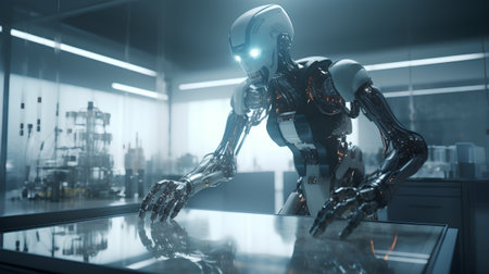 3d rendering humanoid robot working in modern office with light from windowの素材