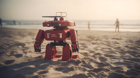 Toy robot on the beach at sunset. Concept of artificial intelligence.の素材