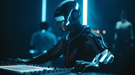 3d rendering humanoid robot working at a dj mixer in a nightclubの素材