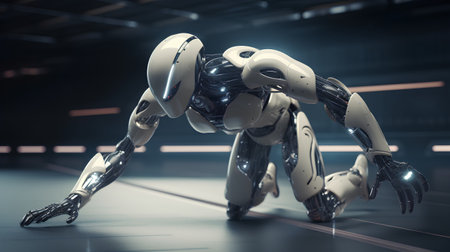 3D rendering of a female robot in a futuristic space station.の素材