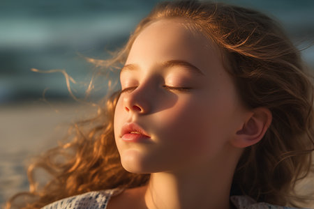 Portrait of a beautiful girl with closed eyes on the beach.の素材