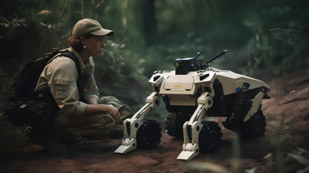 Soldier with machine gun in the jungle. Selective focus.の素材