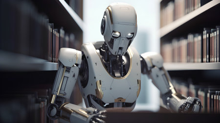 3d rendering robot in library with bookshelf in the backgroundの素材