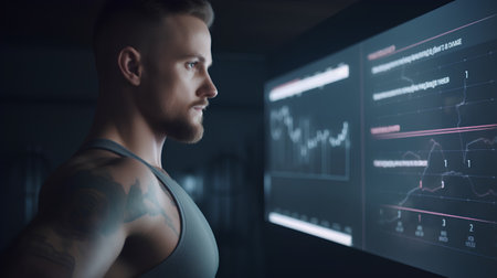 Side view of sporty man with tattoos on his arms looking at the monitor with infographicsの素材