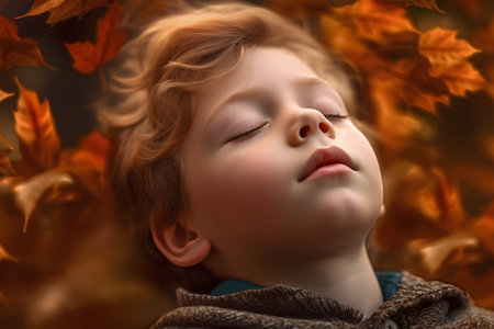 Portrait of a little boy sleeping in the autumn forest. 3d renderingの素材