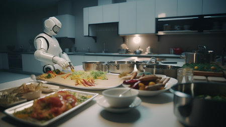 3d rendering humanoid robot preparing food in the kitchen at night.の素材