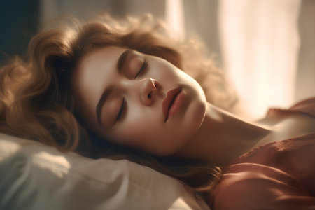 Beautiful young woman sleeping in bed at home. Closeup portraitの素材