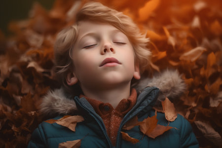 Autumn portrait of a boy in the park with fallen leaves.の素材