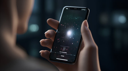 Touch screen smartphone in hand on dark background. 3d rendering.の素材