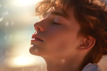 Portrait of a beautiful young woman with closed eyes on blurred backgroundの素材