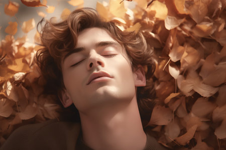 Photo pour Portrait of a beautiful young man lying on the autumn leaves. - image libre de droit