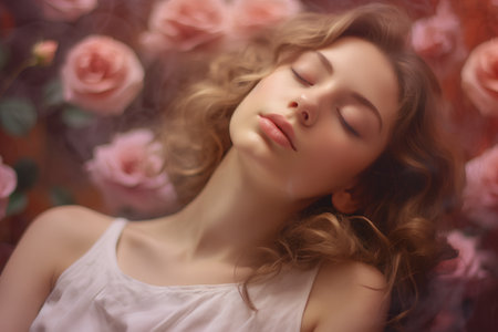 Beautiful girl with closed eyes on a floral background. Toned.の素材