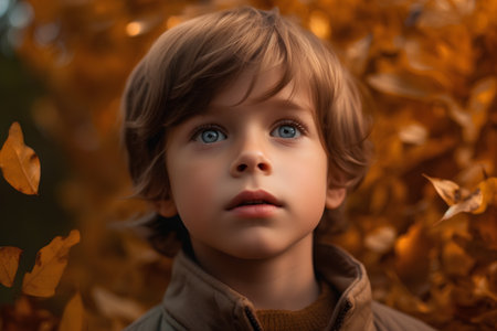 Portrait of a beautiful little boy on the background of autumn leavesの素材