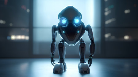 3d rendering robot in front of a room with windows and lightsの素材