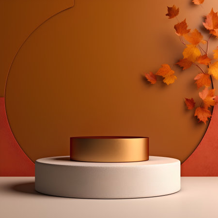 3d render, abstract background with autumn leaves, podium for product presentationの素材