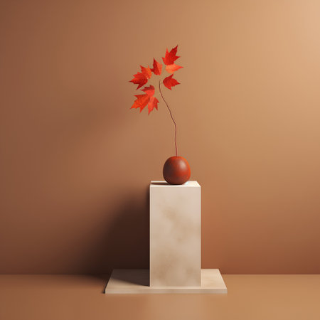 3d render of autumn leaves on a vase. Minimal compositionの素材