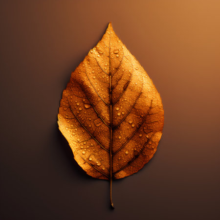 Autumn leaf with water drops on a brown background. 3d illustrationの素材
