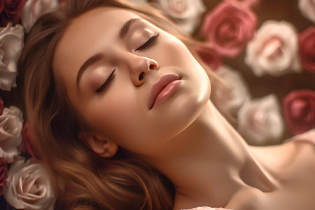 Portrait of beautiful young woman with closed eyes lying on floral backgroundの素材