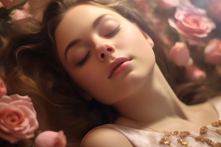 Portrait of beautiful young woman with pink flowers in her hair.の素材