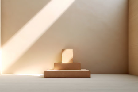 Wooden pedestal with a shadow from the window. 3d renderingの素材