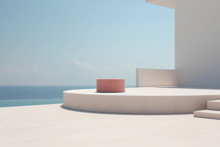 Empty round podium with blue sky and sea in background. 3D Renderingの素材