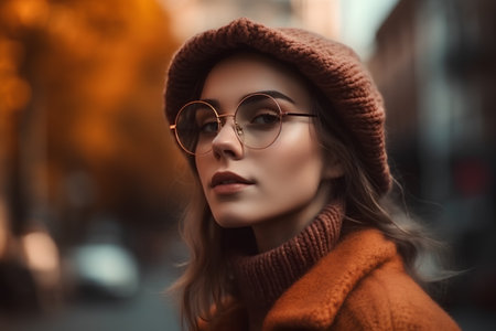 Portrait of a beautiful young woman in a brown coat and glassesの素材