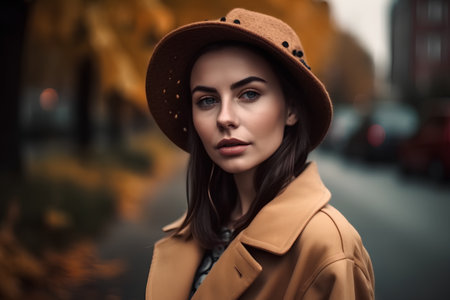 Portrait of a beautiful girl in a beige coat and hatの素材