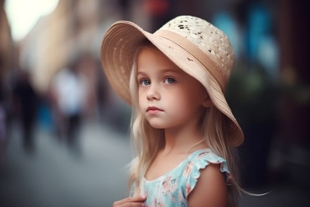 Portrait of a cute little girl in hat looking at camera.の素材