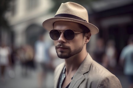 Portrait of a handsome young man with hat and sunglasses in the cityの素材