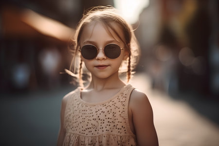 Portrait of a beautiful little girl in sunglasses on the street.の素材