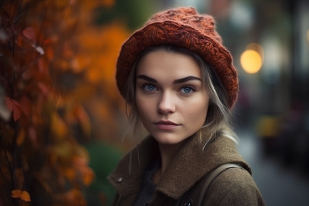 Portrait of a beautiful girl in a hat in the autumn parkの素材