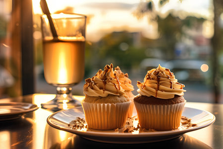 Cupcakes on the table in a cafe at sunset. Selective focus.の素材