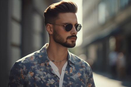 Portrait of a handsome young man in sunglasses. Men's beauty, fashion.の素材
