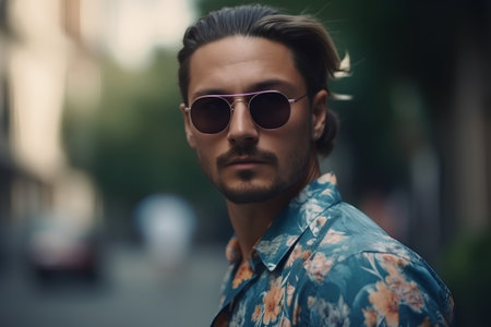 Portrait of a handsome young man in sunglasses. Men's beauty, fashion.の素材