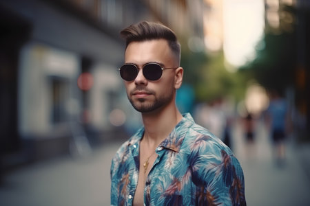 Handsome young man in sunglasses on the city street. Men's beauty, fashion.の素材