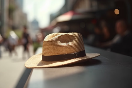 Straw hat on the background of the street in the city.の素材