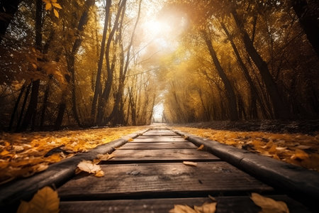 Wooden path in the autumn forest with yellow leaves and sun raysの素材
