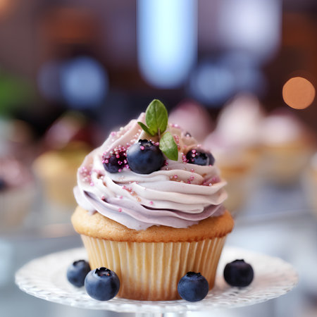 Delicious cupcake with berries on table in cafe, closeupの素材