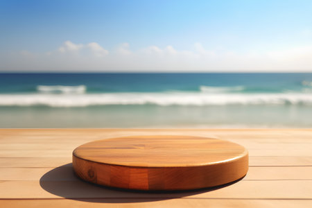 Wooden cutting board on wooden table with sea and sky background.の素材