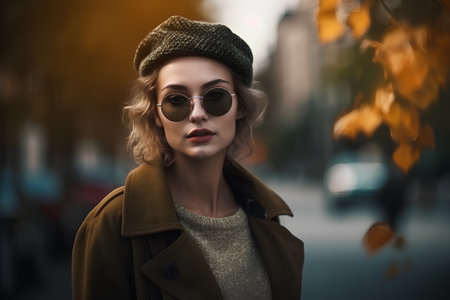 Portrait of a beautiful young woman in sunglasses and a beret.の素材