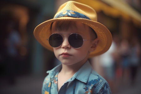 Portrait of a cute little boy wearing a hat and sunglasses.の素材
