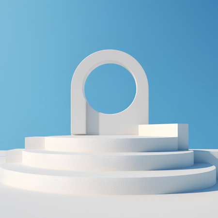 3d render, abstract minimal geometric composition, round podium on blue backgroundの素材